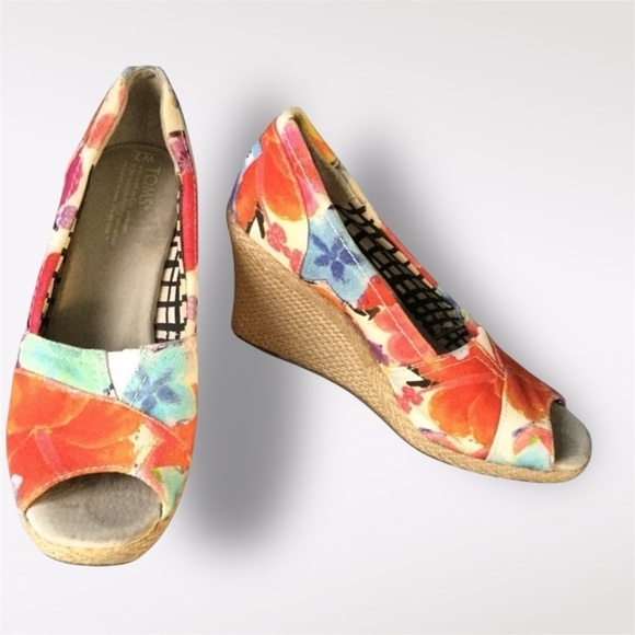 Tom’s Toms Katalina Floral Peep Toe Calypso Corbel Classic Wedge Women Sandals - Picture 1 of 9